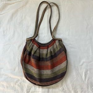 multicolored woven tote bag